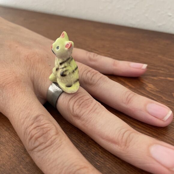 Sad Yellow Tabby Cat Ceramic Ring Grumpy Neon‎ OOAK Adjustable Band Maximalism - Picture 2 of 8